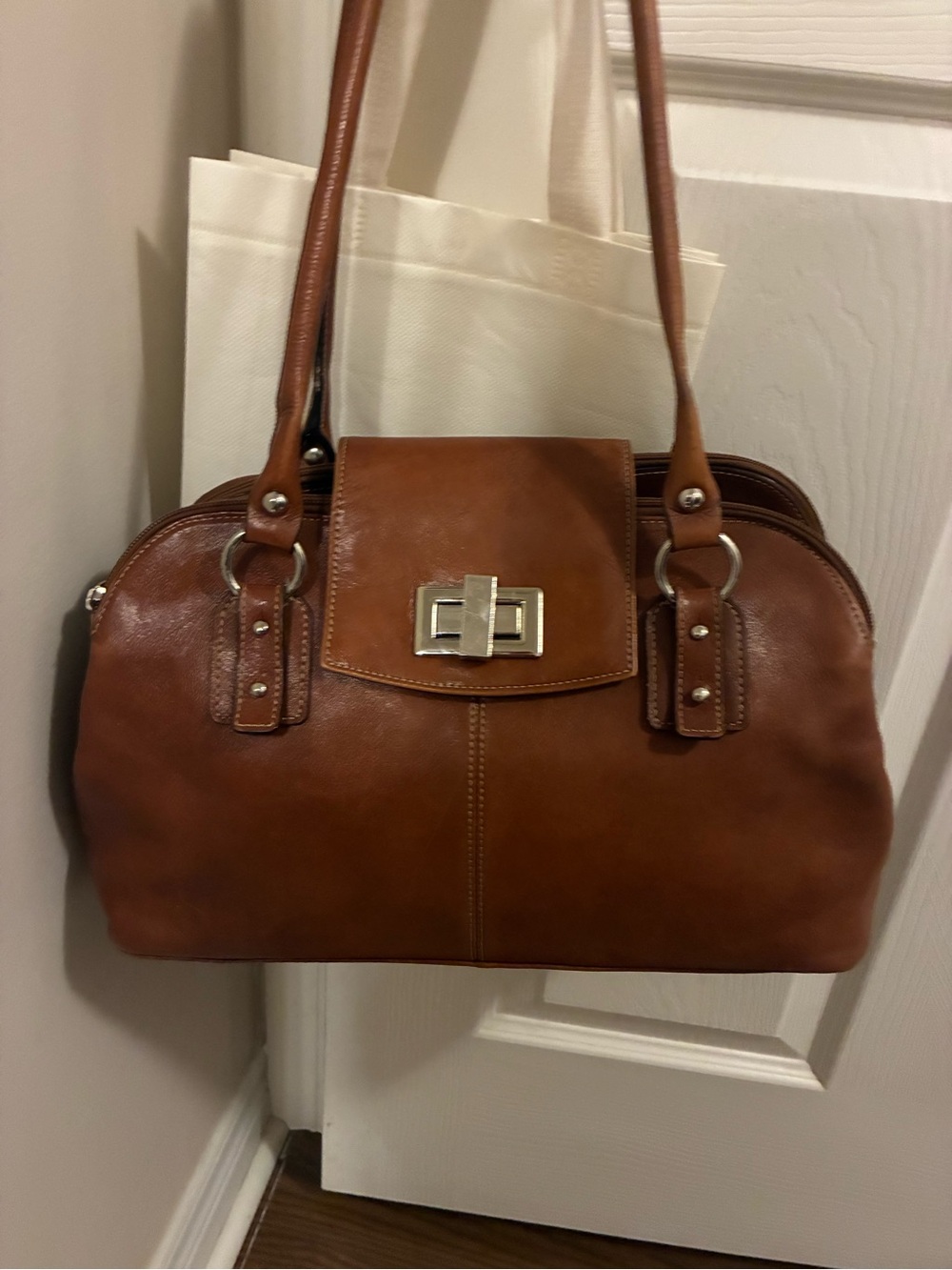 Danier Classic Brown Leather Satchel Handbag - Timeless Everyday Style
